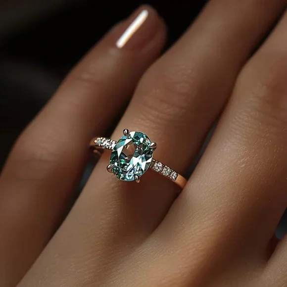 Gold and Aqua Blue Moissanite Gemstone Ring - NEW - SIZE 7 - Picture 3 of 3